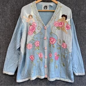 Vintage Storybook Knits cardigan sweater 2X Heaven’s Gate cherubs Valentines Day